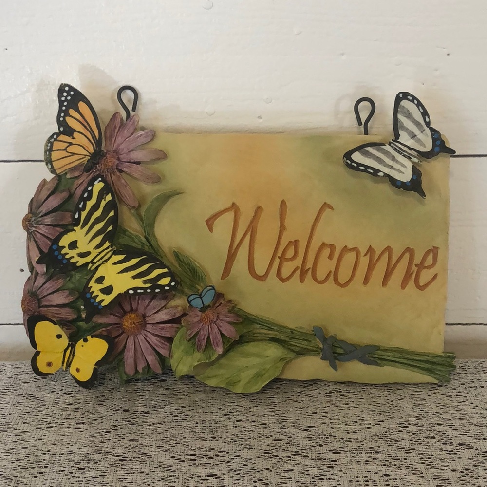 Hand-painted Welcome Sign Butterflies Garden Sign Patio Porch NIB